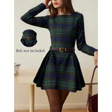 批发女士秋冬季时尚优雅圆领格纹长袖短款连衣裙适合约会不含腰带