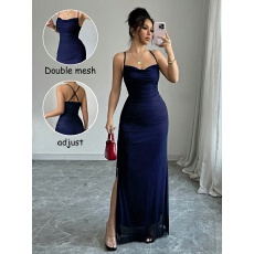 批发女士网布拼接交叉露背长款连衣裙