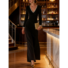 批发女士春秋季时尚优雅v领织带拼接<b class='q'>修身</b>长袖长款连衣裙适合休闲