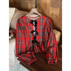 批发实拍<b class='q'>外贸</b>女士春秋季时尚优雅复古格纹丝绒织带拼接长袖衬衫