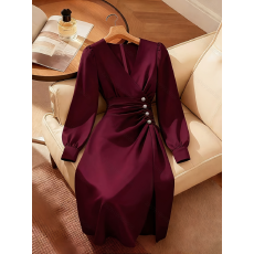 批发女士时尚优雅纯色V领褶皱收腰开衩设计长袖中长款连衣裙适合约会