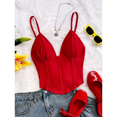 批发女士春夏季时尚复古性感V领露肩设计针织吊带上衣适合约会