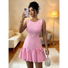 批发女士春夏新款法式优雅珍珠点缀蝴蝶结装饰圆领合体无袖迷你连衣裙