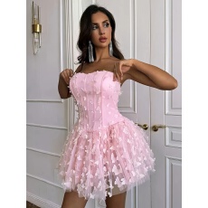 批发女士春夏季时尚优雅性感3D立体蝴蝶装饰抹胸蓬蓬裙适合外出约会