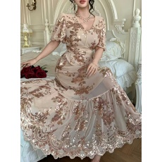 批发女士夏季时尚精致优雅亮片点缀V领泡泡袖腰摆长款礼服裙