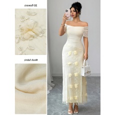 批发女士夏季新款优雅立体花卉面料拼接露肩修身网眼修身中长款<b class='q'>连衣裙</b>