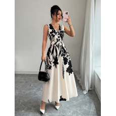 批发女士夏季新款法式优雅休闲简约印花收腰无袖中长款<b class='q'>连衣裙</b>适合通勤