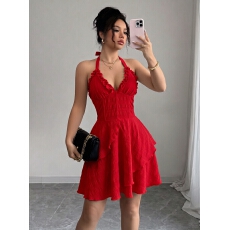 批发女性夏季时尚休闲纯色挂脖露背不对称下摆迷你连衣裙不含腰链