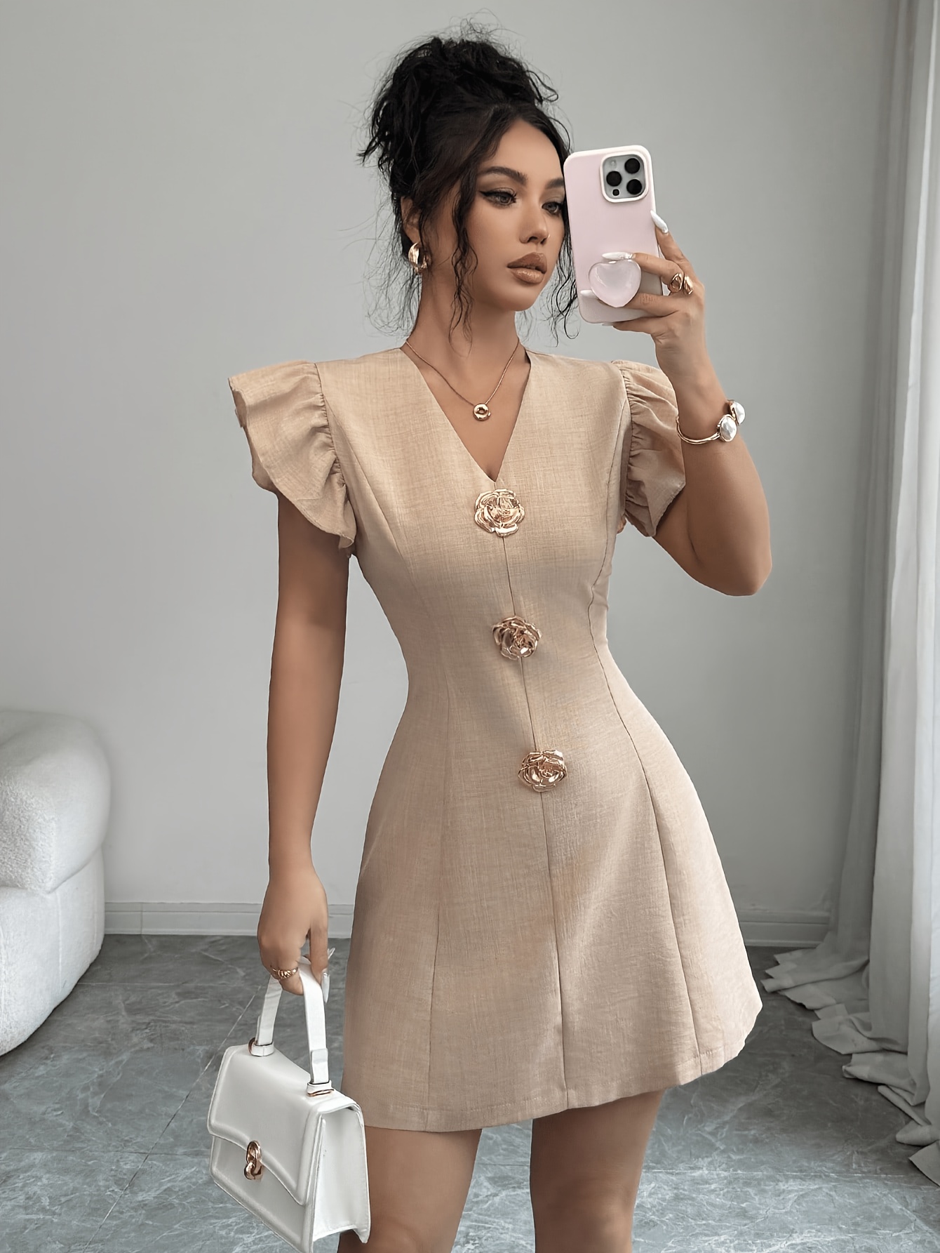 亚马逊速卖通时尚V领金属扣小飞袖短款连衣裙   服裝批發女裝批發服飾貨源