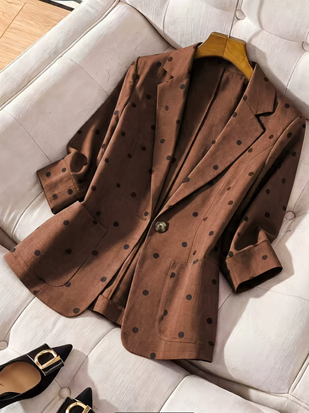 BY33249# 女士秋季新款优雅休闲波点印花翻驳领口袋修身长袖西装上衣 服裝批發女裝批發服飾貨源