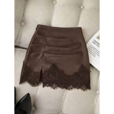 批发女士秋季复古时尚优雅纯色麂皮绒蕾丝拼接修身褶皱开衩<b class='q'>百搭</b>半身裙