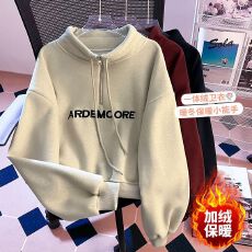 批发毛巾布复奥粒绒480克#加绒加厚<b class='q'>女</b>装新款<b class='q'>卫衣</b>立领时尚洋气美式上衣