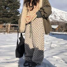 批发原版保暖加厚<b class='q'>秋</b>冬款韩版复古慵懒风韩系抽绳波点颗粒绒过冬休闲裤