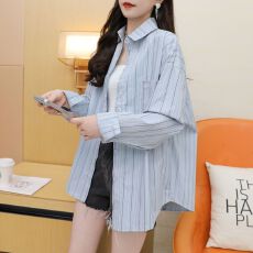 批发<b class='q'>实拍</b> 纯棉 2026春新款韩版条纹polo领长袖衬衫衬衣薄款外套女<b class='q'>大码</b>