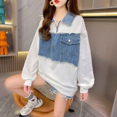 批发<b class='q'>实拍</b> 高品质 韩版华棉复古牛仔拼接polo衫卫衣女<b class='q'>大码</b>2026春秋薄款