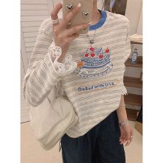 批发天猫品质 2026春装新款韩版时尚蕾丝拼接条纹长袖t恤女<b class='q'>大码</b>洋气