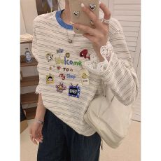 批发天猫品质 2026春装新款韩版时尚蕾丝拼接条纹长袖t恤女<b class='q'>大码</b>洋气