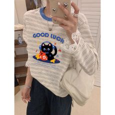 批发天猫品质 2026春装新款韩版时尚蕾丝拼接条纹长袖t恤女<b class='q'>大码</b>洋气