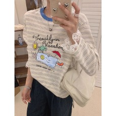 批发天猫品质 2026春装新款韩版时尚蕾丝拼接条纹长袖t恤女<b class='q'>大码</b>洋气