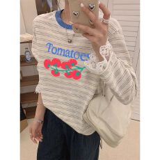 批发天猫品质 2026春装新款韩版时尚蕾丝拼接条纹长袖t恤女<b class='q'>大码</b>洋气