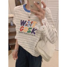 批发天猫品质 2026春装新款韩版时尚蕾丝拼接条纹长袖t恤女<b class='q'>大码</b>洋气