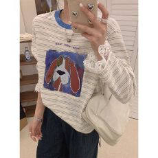 批发天猫品质 2026春装新款韩版时尚蕾丝拼接条纹长袖t恤女<b class='q'>大码</b>洋气