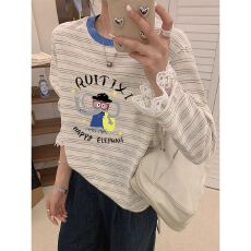 批发天猫品质 2026春装新款韩版时尚蕾丝拼接条纹长袖t恤女<b class='q'>大码</b>洋气