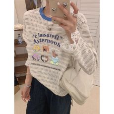 批发天猫品质 2026春装新款韩版时尚蕾丝拼接条纹长袖t恤女<b class='q'>大码</b>洋气