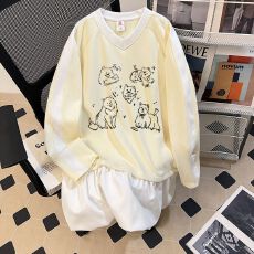 批发实拍 原版质量 2026春新款韩版中长款假两件印花卫衣褶皱裙女大码