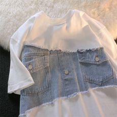 批发原版 21支210g精梳纯棉夏韩版个性<b class='q'>牛仔</b>拼接短袖T恤男女情侣款<b class='q'>大码</b>