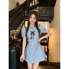 批发学院风套<b class='q'>装</b>收腰显瘦裙子条纹衬衫<b class='q'>连衣</b>裙女夏季高腰短裤时尚两件套