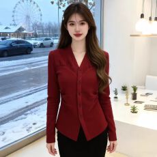 批发高级感时髦气质v领<b class='q'>开衫</b>T恤女士胖mm收腰显瘦内搭打底衫上衣潮春装