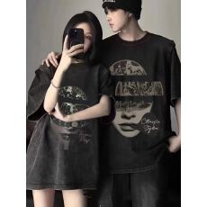 批发230克洗水做旧 网红<b class='q'>情侣装</b>夏装2026新款韩版短袖水洗做旧t恤上衣