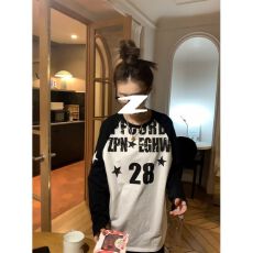 批发高品质+后包 春秋<b class='q'>装</b>纯棉韩版黑白字母印花撞色拼接宽松长袖T恤女