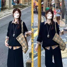 批发高品质 纯棉春<b class='q'>秋装</b>薄款韩版格子假两件拼接POLO领卫衣女上衣<b class='q'>大码</b>