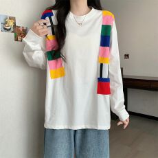 批发高品质纯棉小众撞色拼接长袖t恤女春秋韩版宽松独特别致上衣<b class='q'>大码</b>
