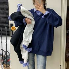 批发高品质纯棉华棉2026<b class='q'>春</b>装薄款美式复古小蓝格拼接假两件卫衣女大码