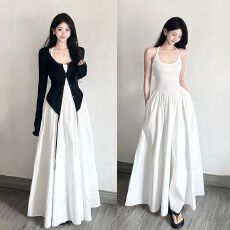 批发法式设计感白色无袖吊带<b class='q'>背心</b>连衣裙女早春内搭单穿<b class='q'>长裙</b>开衫两件套