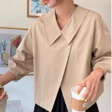 批发春夏<b class='q'>韩国</b>chic法式设计感翻领不规则交叉宽松百搭长袖风衣短外套女