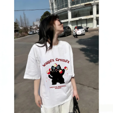 批发精梳纯棉230克韩版纯棉宽松落肩印花短袖T恤夏上衣设计感小众<b class='q'>街头</b>