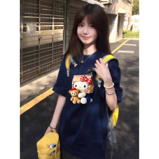 批发精梳纯棉230克韩版纯棉宽松落肩印花短袖T恤夏上衣设计感小众<b class='q'>街头</b>