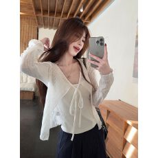 批发韩版<b class='q'>蕾丝</b>木耳边防晒开衫女系带披肩夏季白色外搭透气<b class='q'>罩衫</b>上衣女