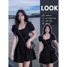 批发赫本风小黑裙女2026夏季新款法式复古方领<b class='q'>中长款</b>黑色泡泡袖连衣裙