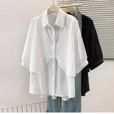 批发高级感黑色假两件衬衫女短袖夏季新款韩系宽松设计感五分袖上衣夏