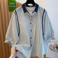 批发条纹短袖衬衫女夏季胖mm大码宽松休闲洋气薄款小衫五分泡泡袖上衣