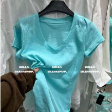 批发韩国东大门夏季新款韩版时尚设计感V领百搭显瘦正肩短袖t恤女<b class='q'>上衣</b>