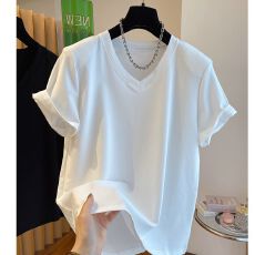 批发原版 净版纯棉V领短袖T恤女夏韩系宽松显瘦遮肉小众ins<b class='q'>上衣</b>