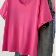 批发玫红色u领正肩短袖<b class='q'>t</b><b class='q'>恤</b>女夏夏季2026新款中长款慵懒风宽松半袖上衣