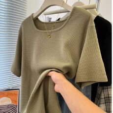 批发<b class='q'>韩版</b><b class='q'>大码</b>法式洋气华夫格纯色简约大版短袖T恤女夏季胖MM显瘦上衣