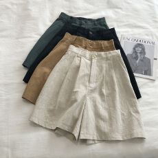 批发透气<b class='q'>棉麻</b>短裤日系复古高腰显瘦纯棉阔腿五分裤休闲<b class='q'>西装</b>中裤女大码